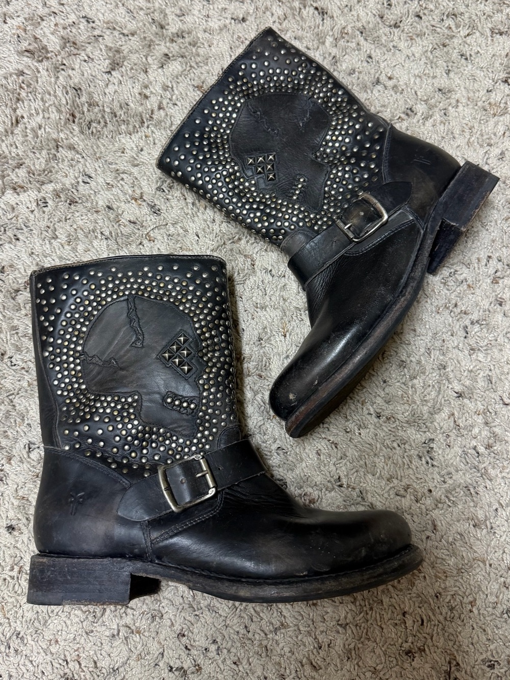 Frye Black Leather Studded Skull Boots